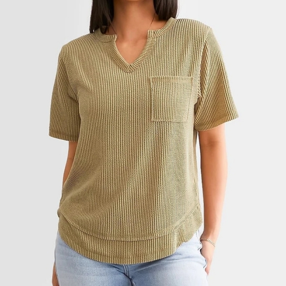 BKE Textured Notch Neck Ribbed Waffle Knit Top - Olive Green - Size Small